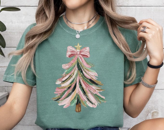 Comfort Colors Christmas Tree Shirt, Pink Bow Christmas Sweatshirt for Women, Christmas Tree Tee Shirt, Christmas Coquette Christmas Shirt