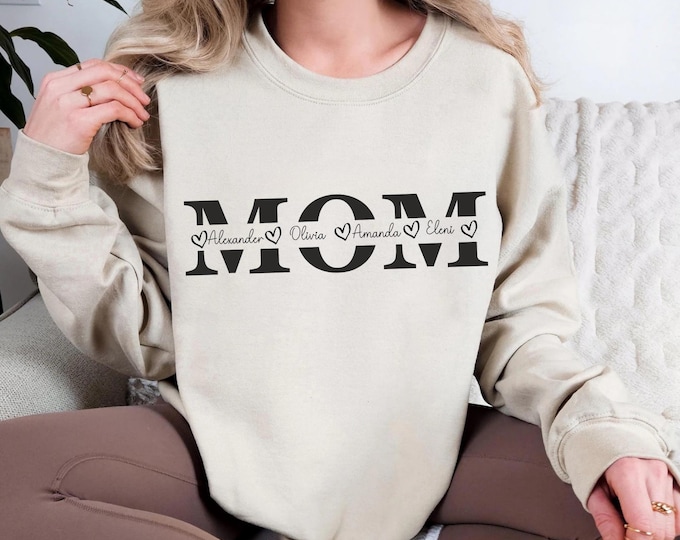 Custom Mama Sweatshirt With Kid Name On Sleeve, Personalized Mom Sweatshirt, Minimalist Momma Hoodie, Gift For Her,Christmas Gifts For Mom