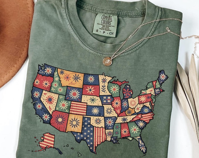 Comfort Colors® Retro America USA Map Shirt, USA States Map, American Girl Shirt, American Flag 1776 Shirt, America States Tee 4th July Gift
