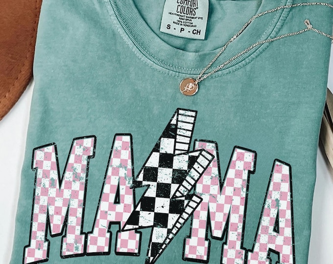 Lightning Bolt Mama Retro Checkered Mama T Shirt Comfort Colors® Mama T-Shirt Mother's Day Presents for Mom Gift Homeschool Christmas Gifts