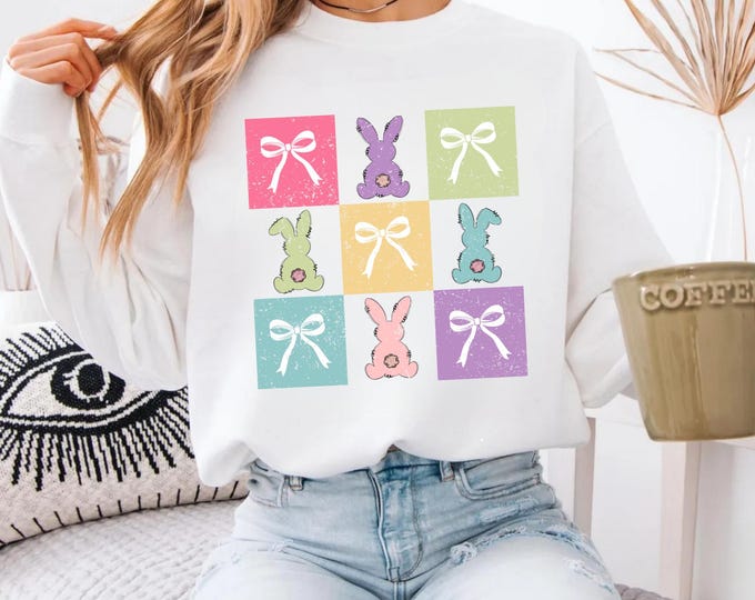 Retro Coquette Bow Bunny Ears Shirt, Cute Bunny Sweatshirt, Rabbit Tee, Happy Easter Day Gift, Coquette Easter, Cute Easter Shirt