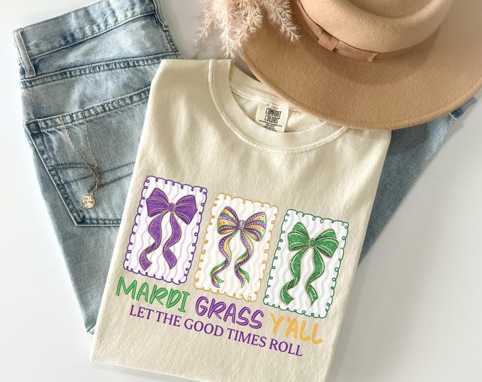 Comfort Colors Mardi Gras Y’all Shirt, Let the Good Times Roll Tee, Girly Mardi Gras Bow Shirt, Fat Tuesday Clipart, Coquette Mardi Gras Tee