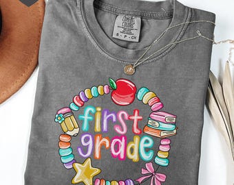 Comfort Colors® First Grade Teacher Shirt, Back to School 1st Grade Tee, Teacher Appreciation Gift, Cute Elementary School, Coquette Bow