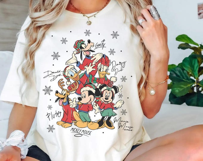 Retro Mickey & Friends Christmas Shirt with Signatures, Disney Characters Tee, Disney Mickey and Co Holiday Sweatshirt, Family Matching Gift