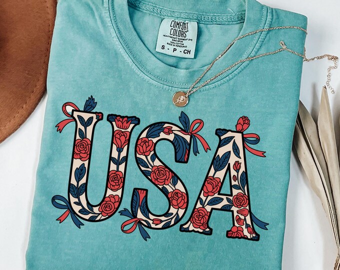 Comfort Colors® Coquette USA Shirt, 4th of July Shirt Women, Stars Stripes USA Flag Shirts, Floral Patriotic Shirt, Red White Blue