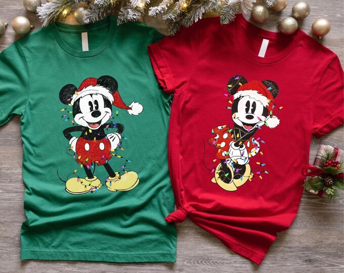 Disney Couples Mickey and Minnie Mouse Christmas Lights T-Shirt, Mickey's Very Merry Xmas Party Sweatshirt, Disneyland Vacation Holiday Gift
