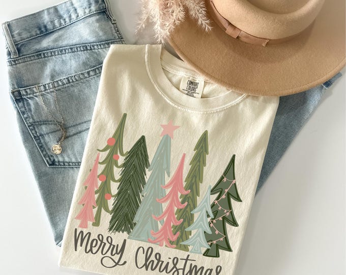 Comfort Colors® Merry Christmas Tree Shirt, Womens Christmas Shirt, Merry and Bright Shirt, Christmas Shirt, Holiday Shirt, Christmas Gift