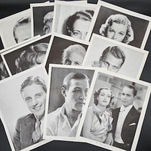May include: A collection of black and white publicity photos of actors and actresses from the 1930s. The photos are arranged in a stack, with the top photo showing a woman with short, wavy hair. The photos are all in portrait orientation and feature close-up shots of the subjects' faces.