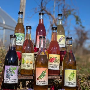 May include: A collection of eight glass bottles filled with different flavored apple vinegars. The bottles are arranged on a wooden shelf with labels that list the flavors: Sage Apple, Black Raspberry Apple, Tree Bears Pome, Strawberry Thyme Apple, Jalapeno Apple, Lavender, and Hopped Apple.