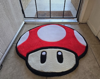 Mario Mushroom Rug handmade tufted rug custom wall art RED Mario fiber art NEW