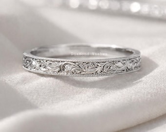 14K Solid Gold Floral Engraved Wedding Band, Vintage Stackable Ring