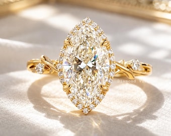 2Ct Marquise Lab Grown Diamond Engagement Ring, Nature Inspired Band, 14k Yellow Gold