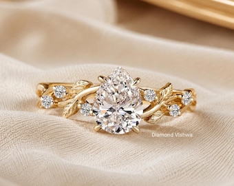 1.5CT Pear Cut Lab Grown Diamond Engagement Ring, Nature Inspired Leaf Floral Design