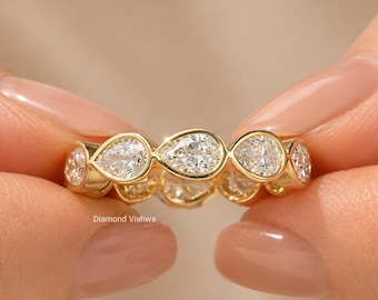 3TCW Pear Cut Lab Grown Diamond Eternity Band, Bezel Set Wedding Ring, Solid Gold