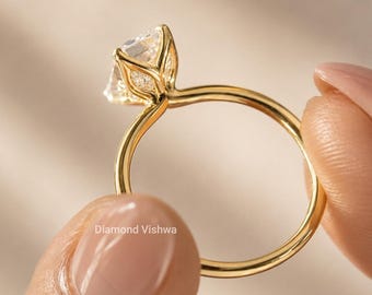 2Ct Emerald Cut Lab Grown Diamond Ring, Tulip Solitaire Engagement Ring, Minimalist Cathedral Ring, 14K Gold Bridal Ring