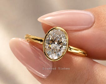 Oval Lab Grown Diamond Engagement Ring, 2 CT Full Bezel Solitaire, IGI Certified, Silver or 10K–18K Gold