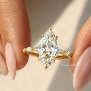 2Ct Marquise Cut Lab Grown Diamond Hidden Halo Engagement Ring, Vintage Gold Bridal Set