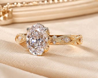 2CT Oval Lab Grown Diamond Engagement Ring, Vintage Milgrain Solitaire, 14K Yellow Gold Band