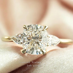 2CT Elongated Cushion Cut Lab Diamond Three Stone Engagement Ring 14K Yellow Gold Anniversary Gifts Proposal ring for her