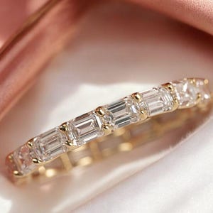 Emerald Cut Lab Grown Diamond Full Eternity U Prong Band Wedding Band Comfort Fit Promise Band 14k Yellow Gold Ring Bridal set