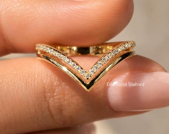 Lab Grown Diamond Chevron Wedding Band, 14K Gold V Shape Stacking Ring