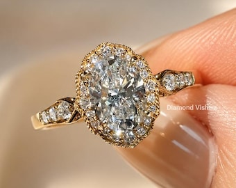 Oval Lab Diamond Halo Engagement Ring, Vintage Milgrain Gold Bridal Jewelry