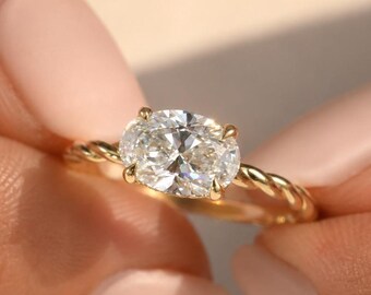 2ct Oval Lab Grown Diamond Twisted Gold Engagement Ring, Minimalist Bridal Ring