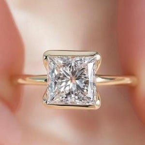 Princess Cut Lab Grown Diamond Engagement Ring 14k yellow gold half bezel set Solitaire Diamond Anniversary Ring Gold Jewelry for Her