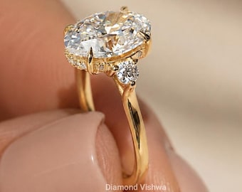 2.5Ct Oval Lab Grown Diamond Engagement Ring, Hidden Halo, 14K Yellow Gold Three Stone
