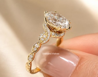 Oval Lab Grown Diamond Engagement Ring, Vintage Twisted Band, Solid Gold Floral Ring