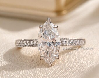 2.5 Carat Marquise Lab Diamond Engagement Ring, 14K White Gold Pavé Band Bridal Ring