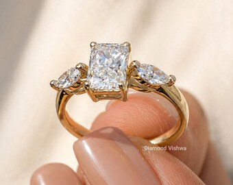 1CT Radiant Cut Three Stone Lab Grown Diamond Ring, Marquise Side Stones, IGI Certified