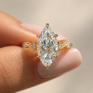 Marquise Lab Grown Diamond Ring 3Ct, 14K Yellow Gold Solitaire Engagement Ring image 1