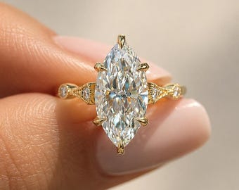 Anillo solitario de compromiso con diamante cultivado en laboratorio talla marquesa de 3 quilates en oro amarillo de 14 quilates