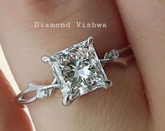 2Ct Princess Cut Lab Grown Diamond Engagement Ring, 14k White Gold Nature Wedding Band