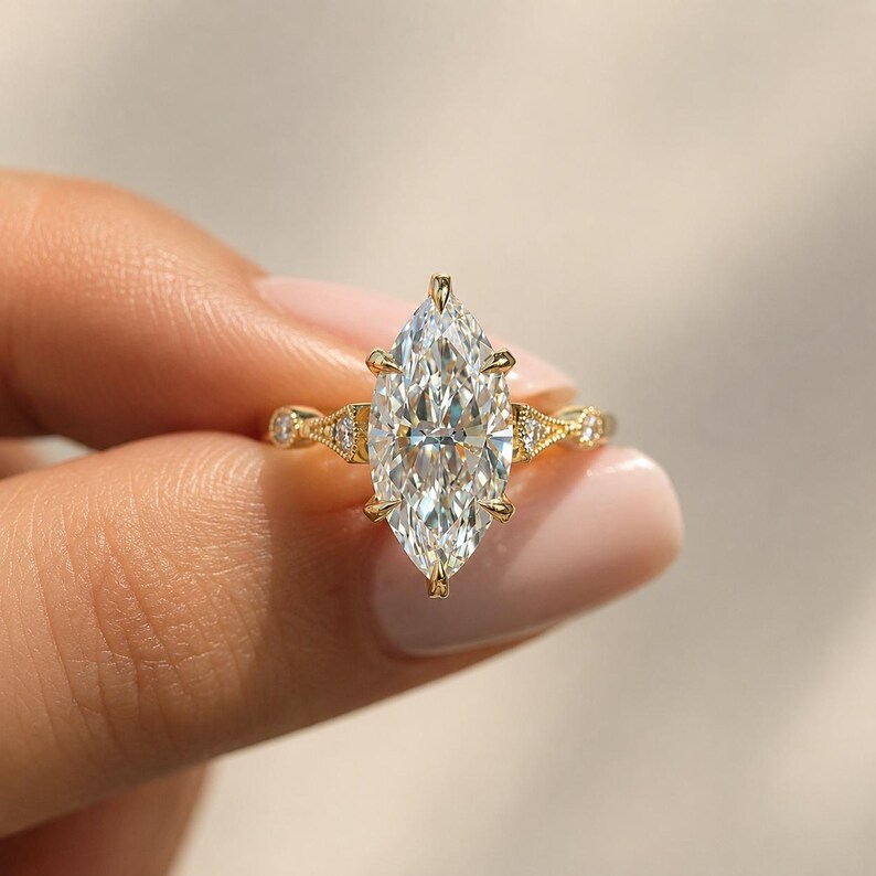 Marquise Lab Grown Diamond Ring 3Ct, 14K Yellow Gold Solitaire Engagement Ring image 1