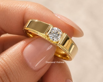 0.50CT Round Lab Grown Diamond Men's Yellow Gold Ring, Minimalist Wedding Band
