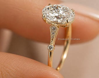2CT Oval Lab Grown Diamond Engagement Ring, 14k Gold Cathedral Setting