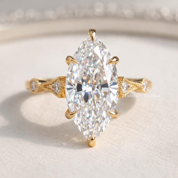 3Ct Marquise Lab Grown Diamond Engagement Ring, 14k Yellow Gold Filigree Setting