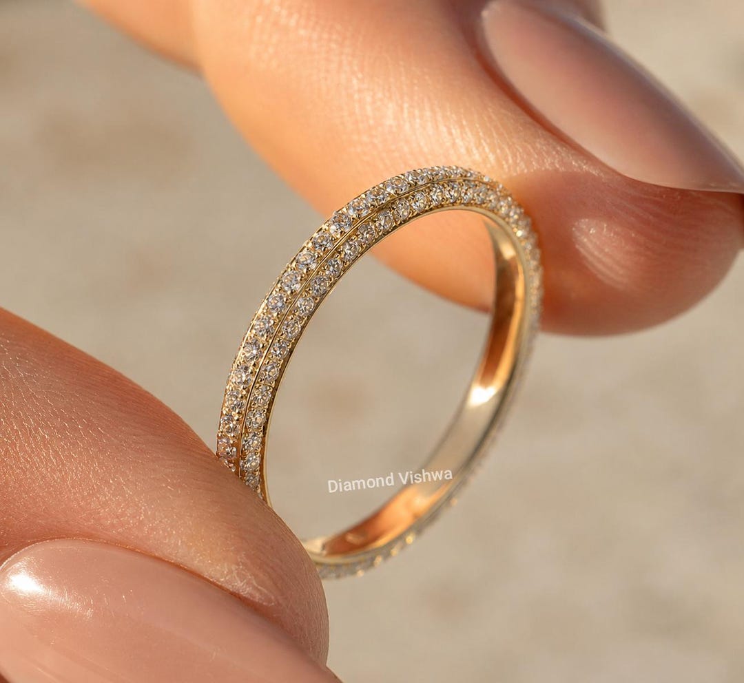Double Row Lab Grown Diamond Eternity Ring, 14k Yellow Gold Milgrain ...