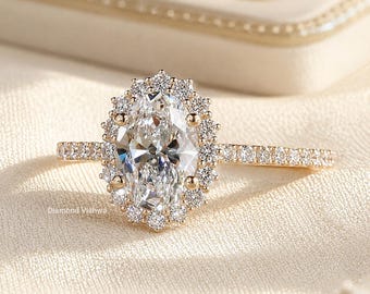 1CT Oval Lab Grown Diamond Halo Engagement Ring, 14K Rose Gold Band, IGI Certified