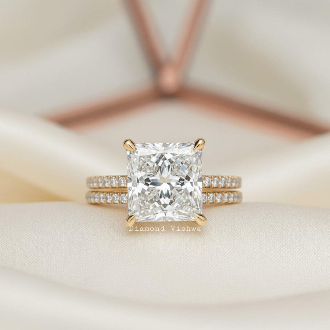 5ct Princess Cut Lab Grown Diamond Engagement Ring Set, 14k Yellow Gold ...