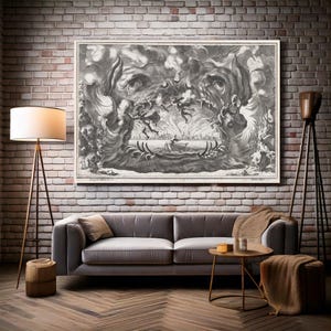 May include: A black and white print of a dramatic scene with figures in the sky and a boat in the water. The print is framed and hanging on a brick wall.