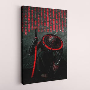 May include: A black and red samurai warrior with a sword and a traditional Japanese hat. The background is a dark grey with red Japanese characters.