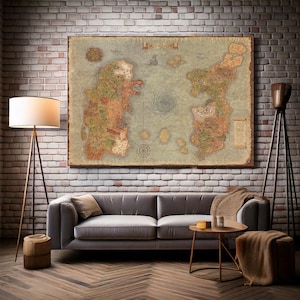 May include: A large, framed map of a fantasy world, with detailed illustrations of landmasses, oceans, and geographical features. The map is displayed on a brick wall above a gray sofa, creating a vintage aesthetic. The map is labeled "Azeroth".