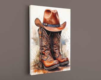 Cowboy Boots and Hat Watercolor Canvas Print: Western Wall Decor