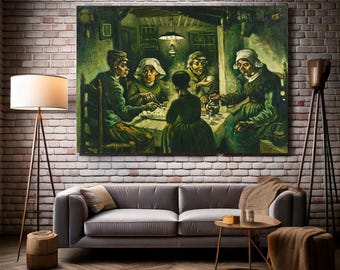 May include: A large framed painting showing a group of people seated around a table, lit by a hanging lamp. The artwork has a dark, muted colour palette with visible brushstrokes, and is mounted above a grey sofa.