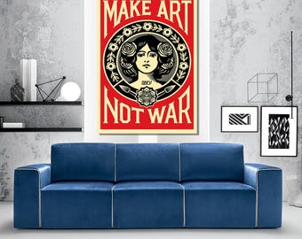 Puede incluir: Un póster rojo y negro con el texto "Make Art Not War" en letras blancas. El póster presenta una ilustración en blanco y negro de una mujer con flores en el pelo.