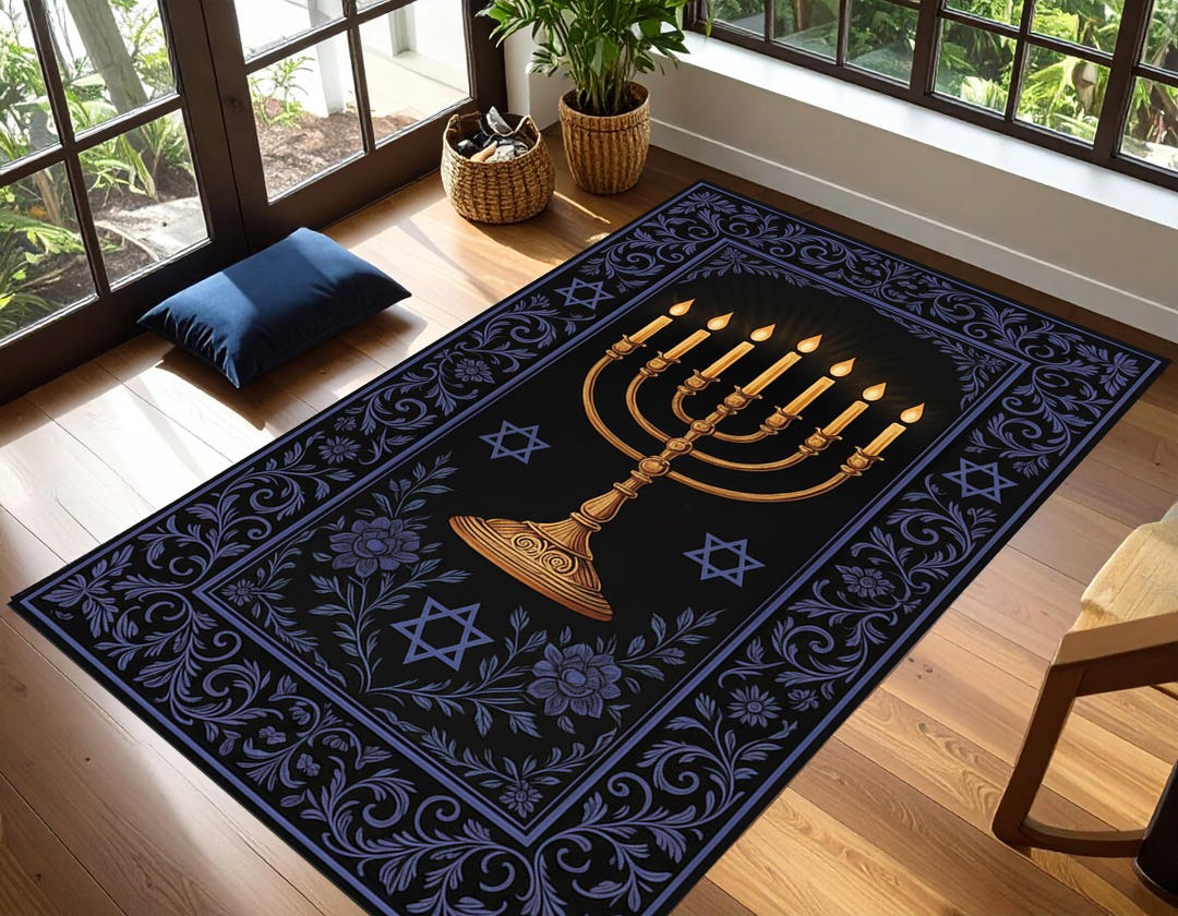 Judaica Rug Jewish Menorah Prayer Mat, Star of David Tallit Style Rug, Blue & Beige ...