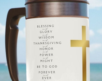 POSITIVE AFFIRMATIONS Revelation 7:12 Gold Cross Unique Christian Bible Gift 14oz Stainless Steel Travel Mug with Handle and Lid